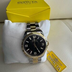 Invicta 49675 - Black Face Gold Dial with Silver + Gold Bracelet